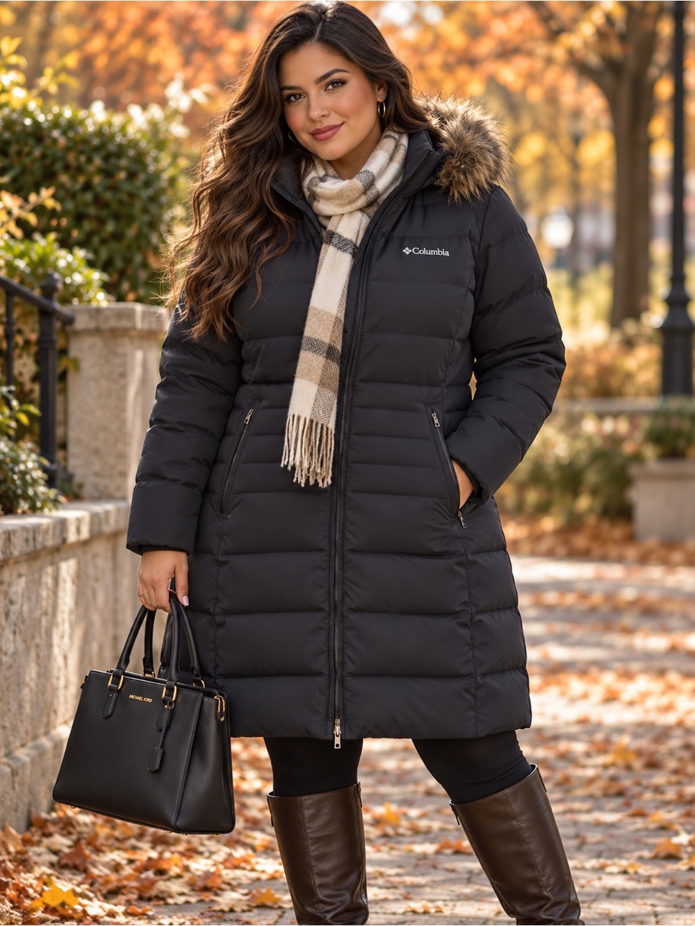 Columbia Women’s Size L Down Longline Puffer Coat Faux Fur Hood with Pockets